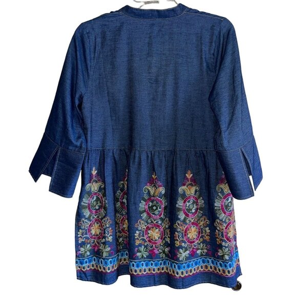 Anthropologie Uncle Frank Blue Denim Embroidered BOHO Split Neck Peasant Top SM - Picture 12 of 13